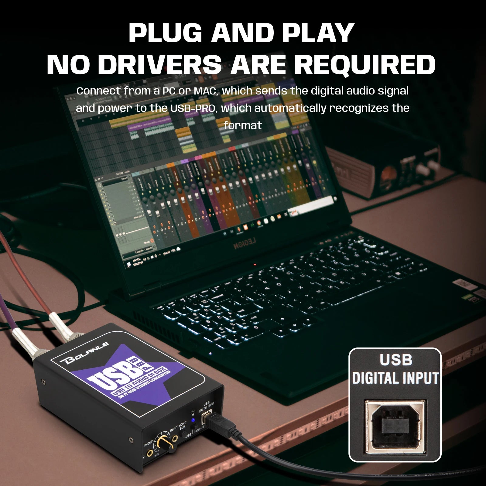 USB Stereo DI Box 24-192kHz Audio Interface with Ground Lift - USB PRO Tidesmit