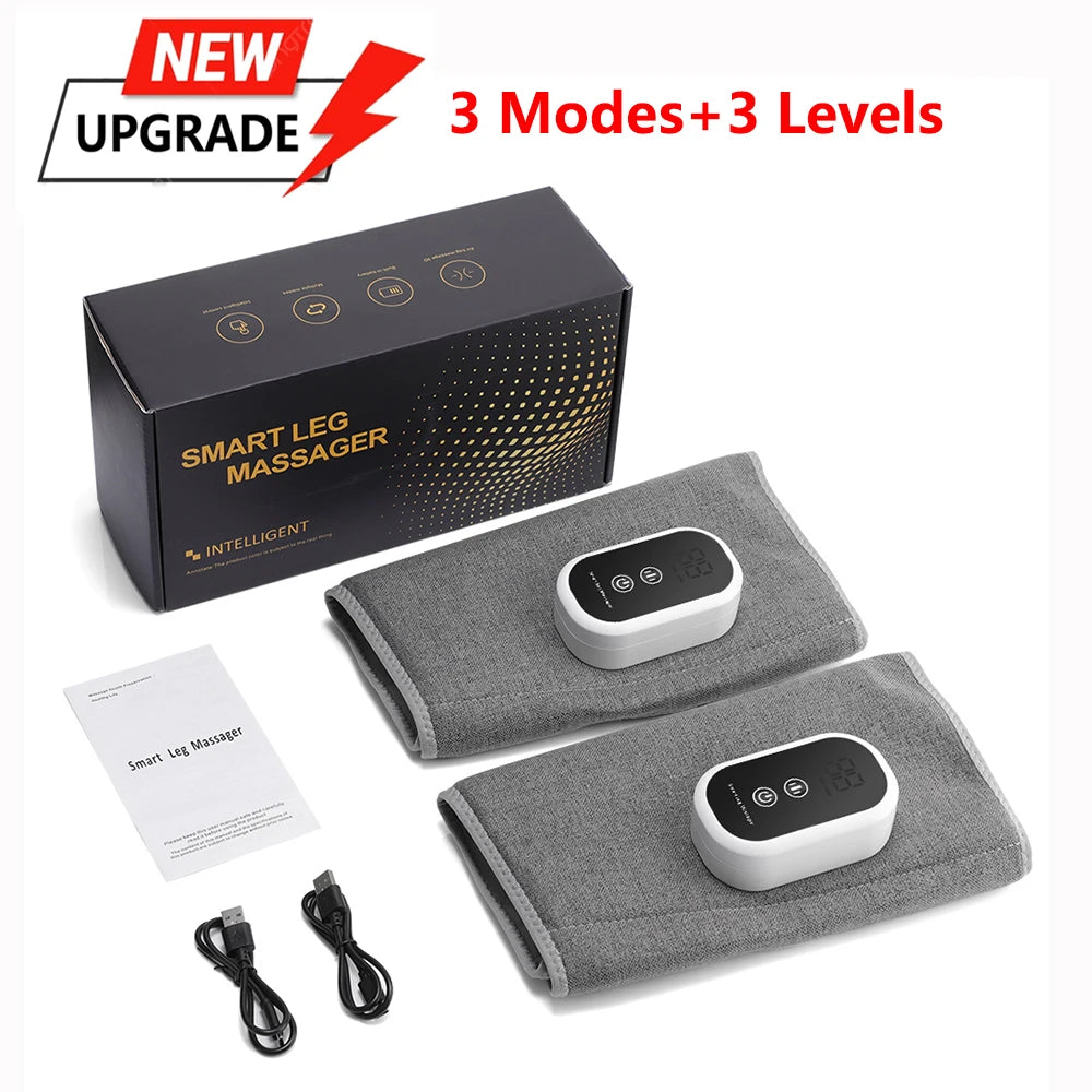Smart leg massager set with two grey fabric wraps, white digital controllers, USB charging cables, and product box.