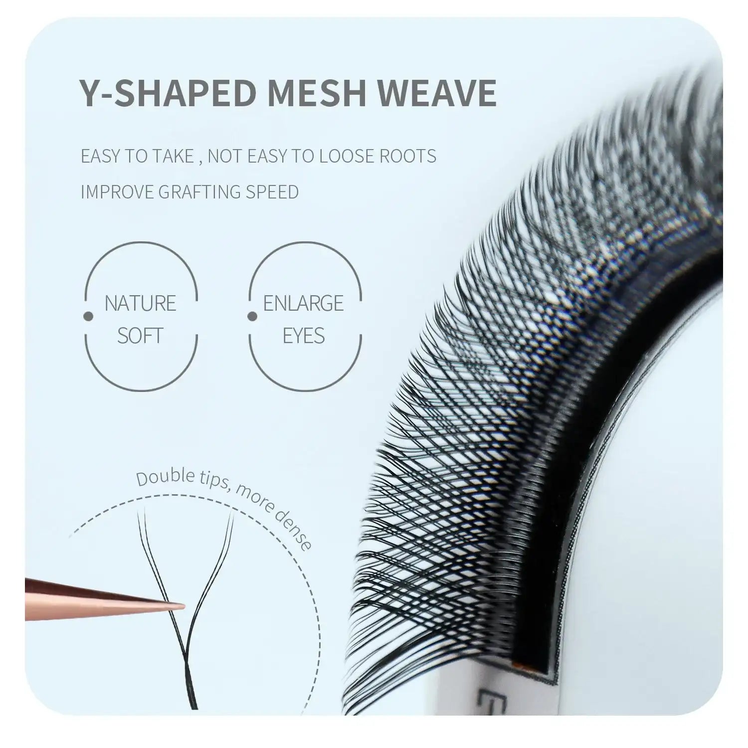 Black Y-shaped false eyelashes on a strip with double tips for lash extension grafting.