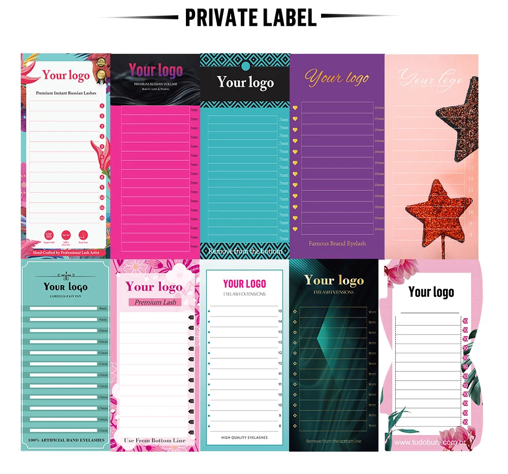 A display of ten colorful, private-label eyelash extension storage cards with various floral and geometric designs.