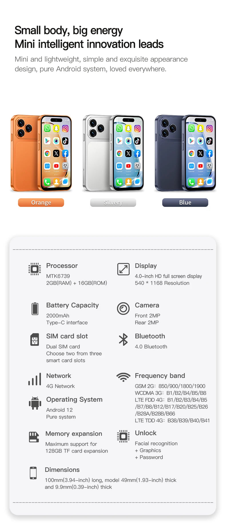 ONEMYTH A18 Pro 4G mini smartphone in orange, silver, blue. 4-inch display, Android 12, dual SIM, face unlock.