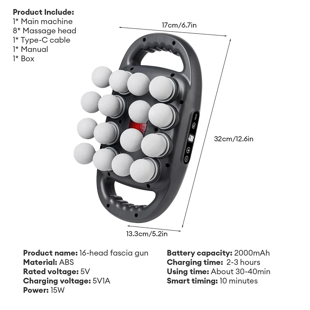 Deep Tissue Massage Gun Grey - 16 Head Portable Muscle Recovery Tool Relaxation Treatment Tidesmit