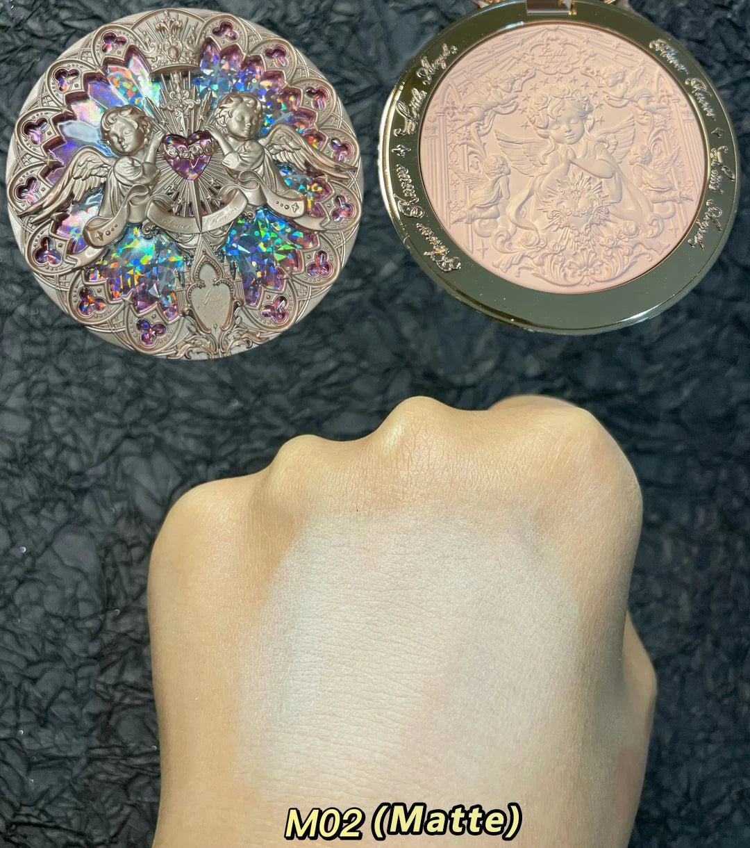 Tidesmit Flower Knows Little Angel embossed glitter highlighter palette texture close-up for face makeup