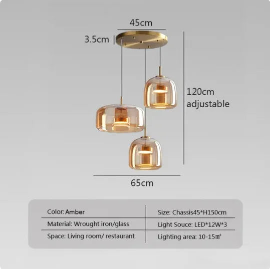 Modern Nordic Glass Ring Light | LED Adjustable Pendant Fixture 3 Head Amber Warm light Tidesmit
