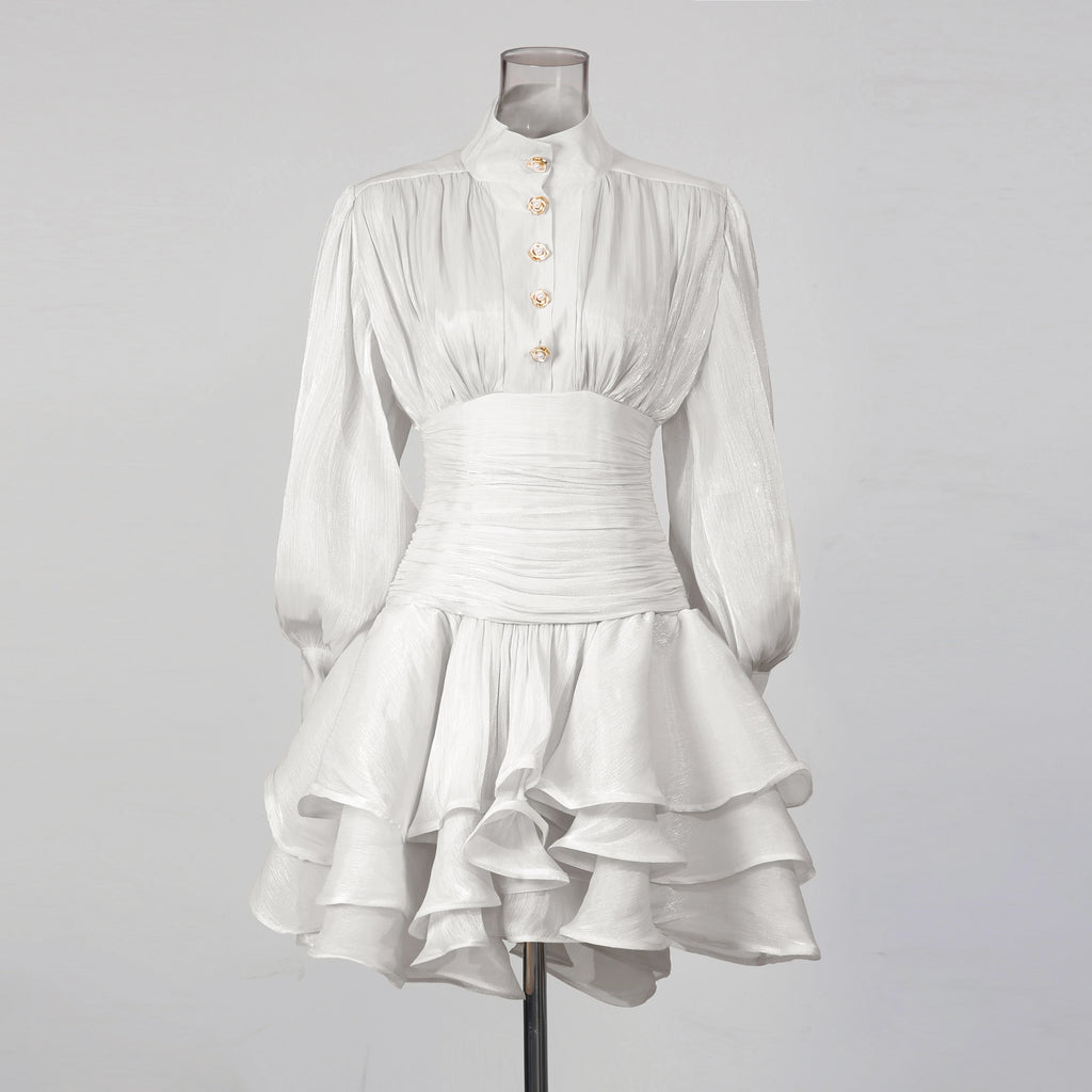 VGH Beach Style Solid Casual Short Dresses For Women Stand Collar Long Sleeve High Waist Spliced Button Chic Dress Female New