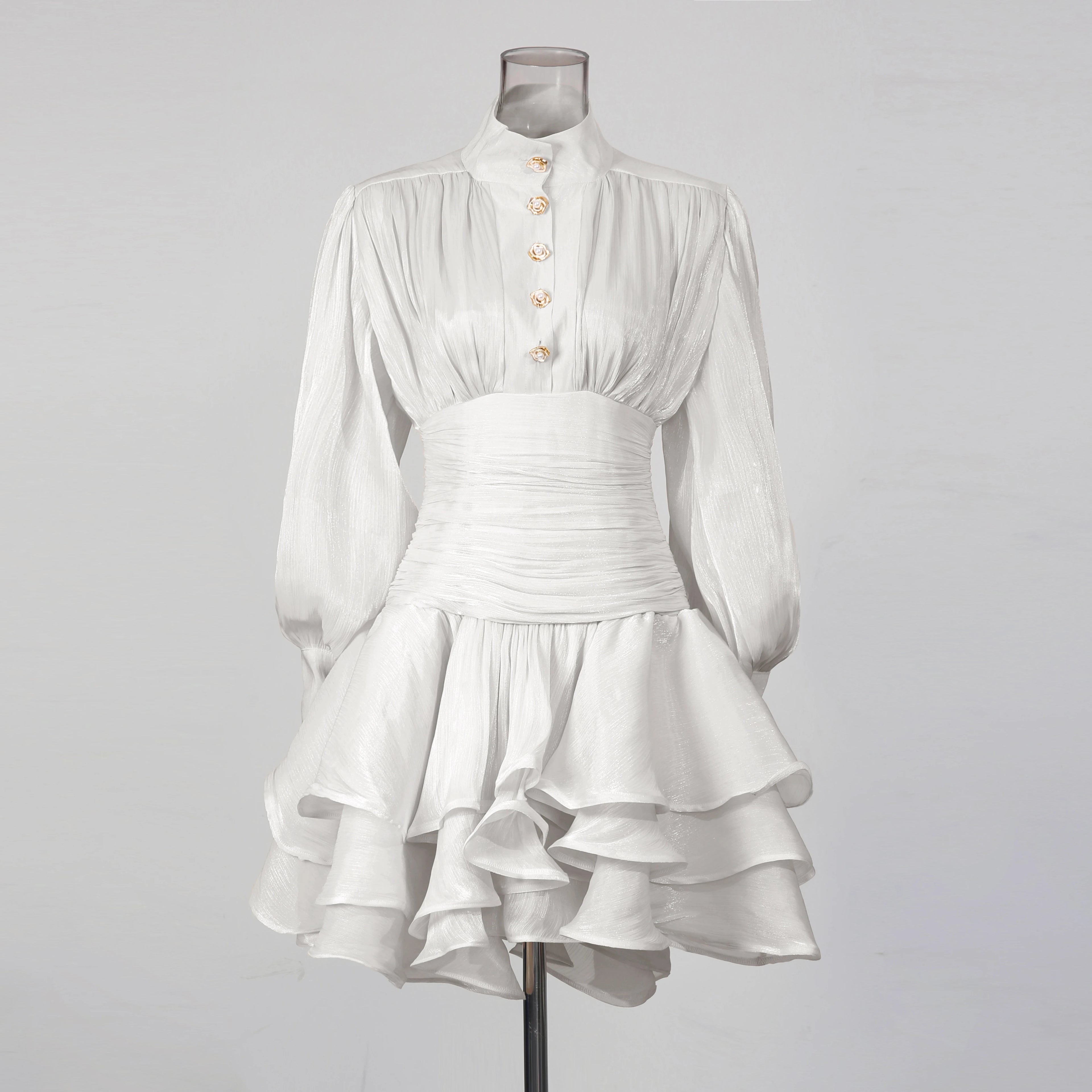 VGH Beach Style Solid Casual Short Dresses For Women Stand Collar Long Sleeve High Waist Spliced Button Chic Dress Female New