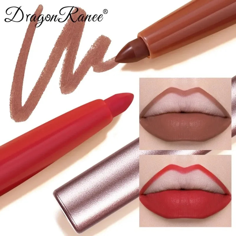 Dragon Ranee waterproof matte lip liner pen and lipstick crayon in red and nude brown with velvet finish swatches.