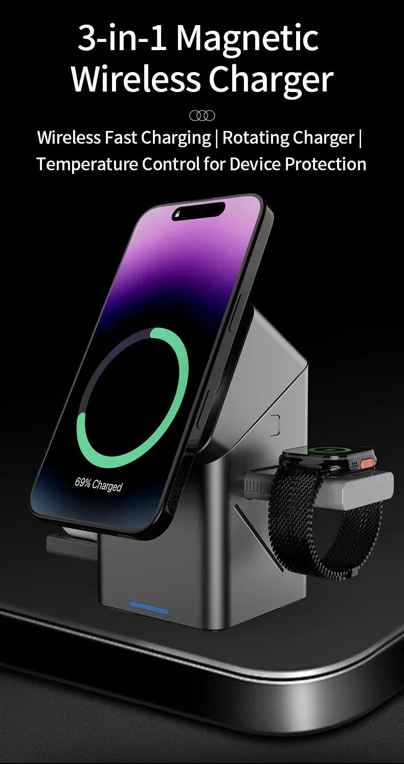 3-in-1 Fast Wireless Charger for iPhone, Apple Watch & AirPods - Grey Tidesmit