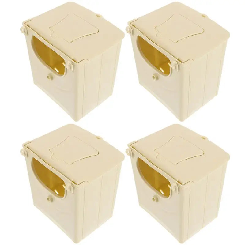 4-pack beige plastic bird breeding boxes for lovebirds. Durable hanging nests for safe mating and incubation.