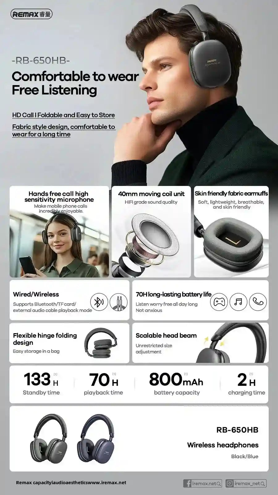 Wireless Over-Ear Headphones with 70hr Battery - RB-650HB Tidesmit