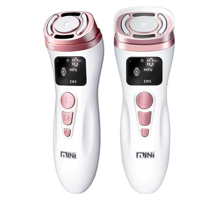 Two white and rose gold portable facial skin tightening devices with digital displays, round treatment heads, and