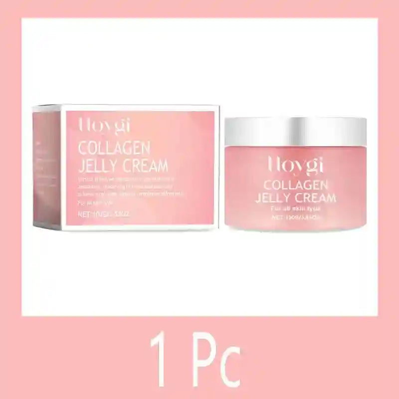 Hoygi Collagen Jelly Cream in a pink jar and matching rectangular box with white text against a light pink background.
