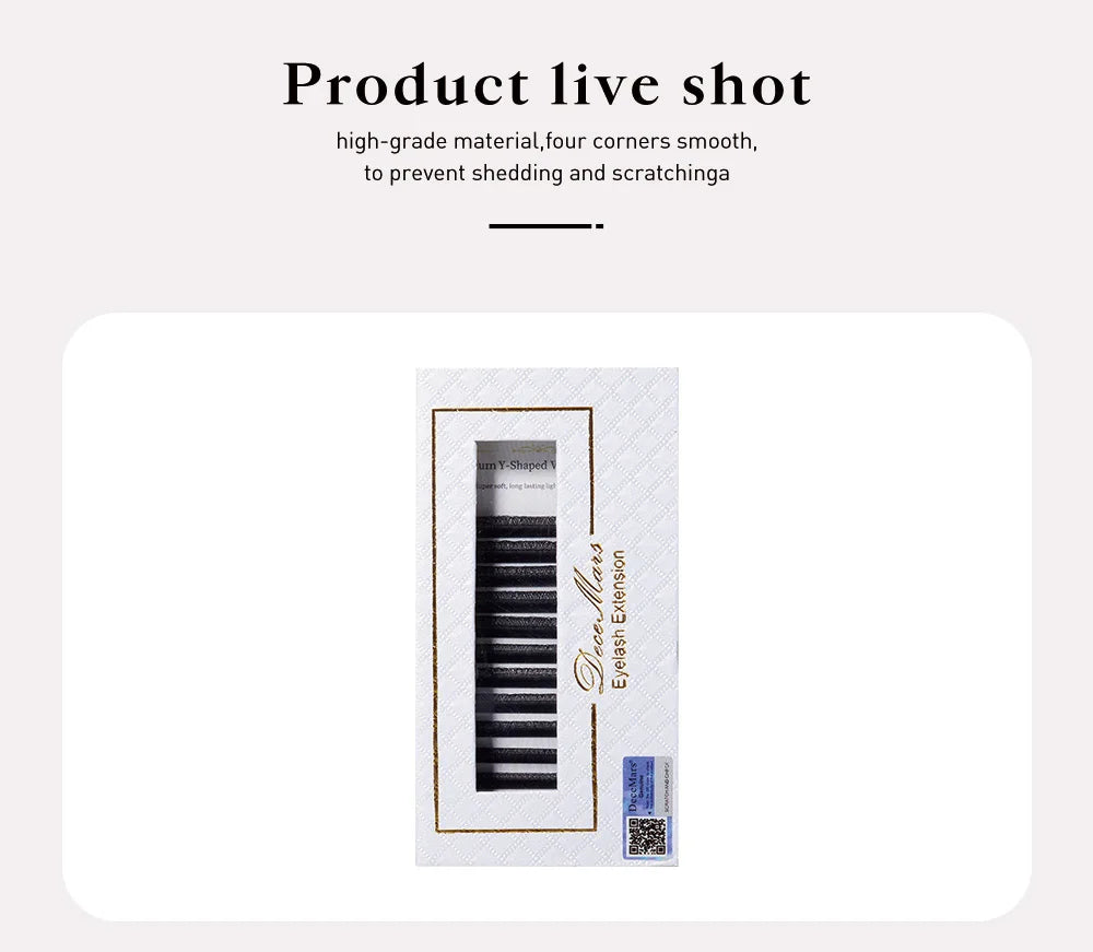 DeceMars YY black eyelash extensions in a white rectangular box with gold branding and a QR code authentication label.