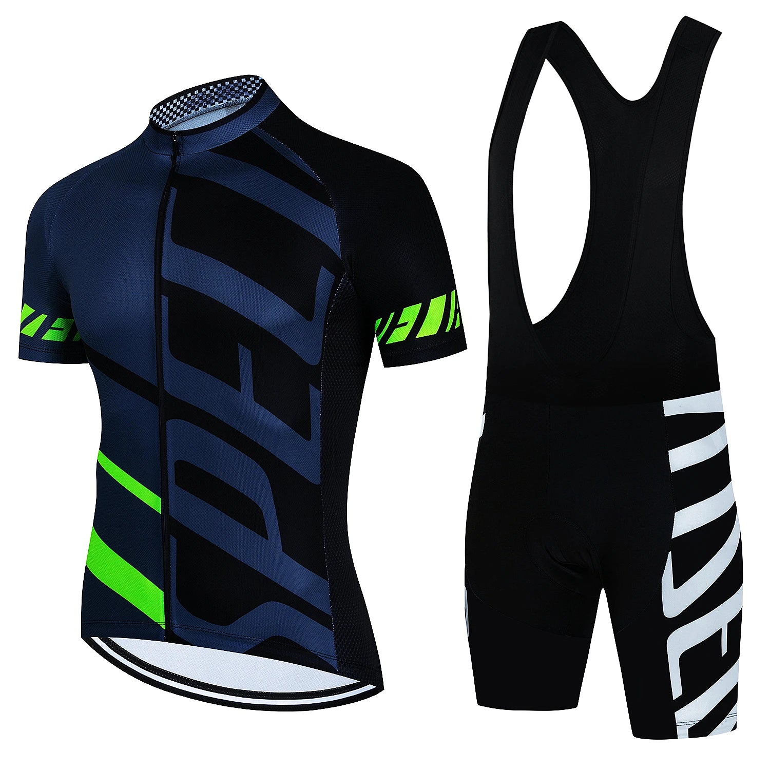 Tidesmit black and blue cycling jersey with green accents and matching black bib shorts featuring white side text.