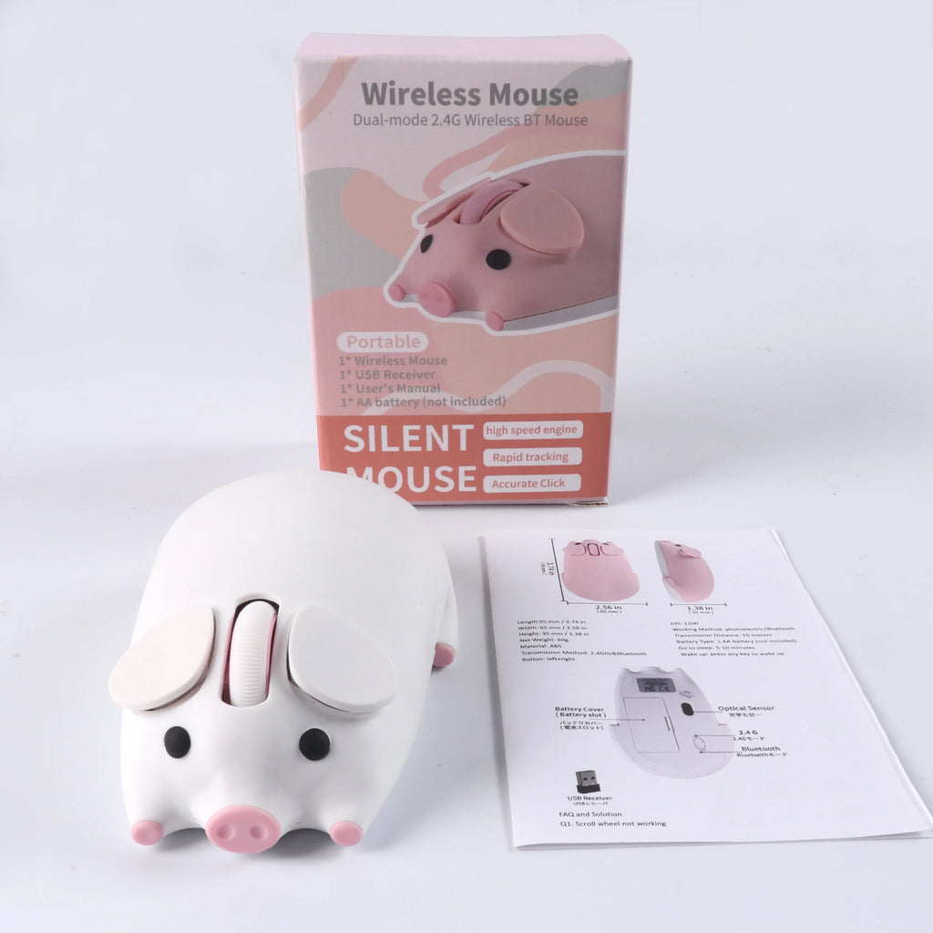 Cute 3D Little Pig Wireless Mouse 2.4G Bluetooth Dual-mode Silent For Women Office Laptop PC