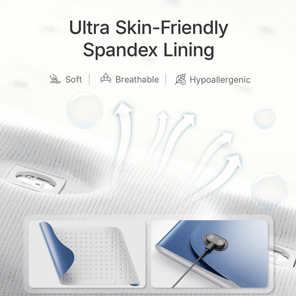 White, breathable spandex fabric lining with a blue outer layer, featuring a power control and charging cable.