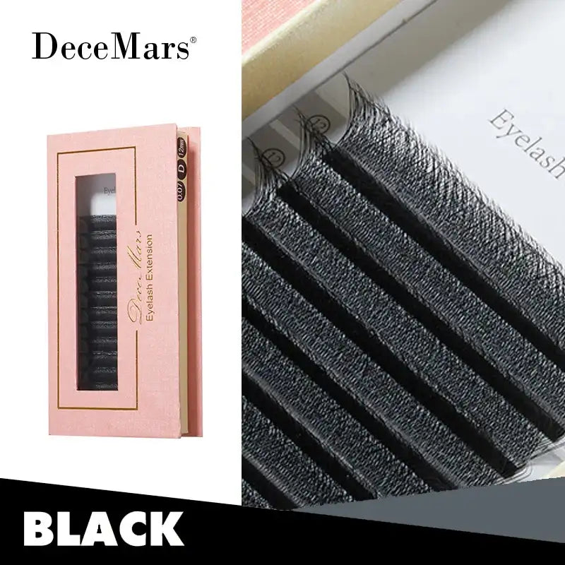 Black 4D W-shaped volume eyelash extension tray in a pink case. 0.07mm thickness, D-curl, 12mm length.