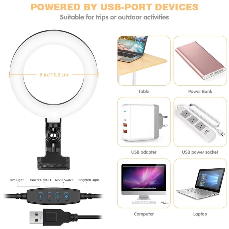 Clip-On 6-Inch LED Ring Light for Phone & Webcam - LED-001 Tidesmit