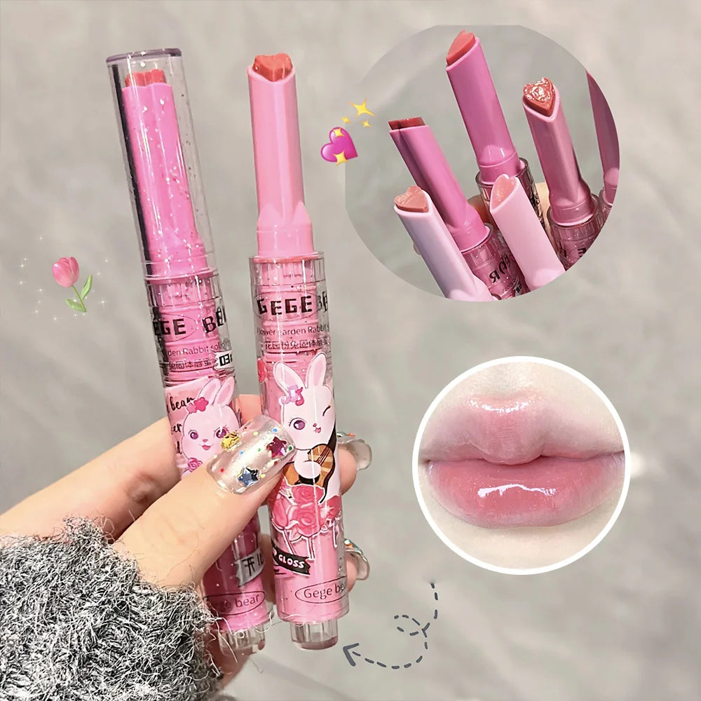Gege Bear Garden Pink Rabbit moisturizing lip balm with heart-shaped tip for a watery, glossy, and tender lip finish.