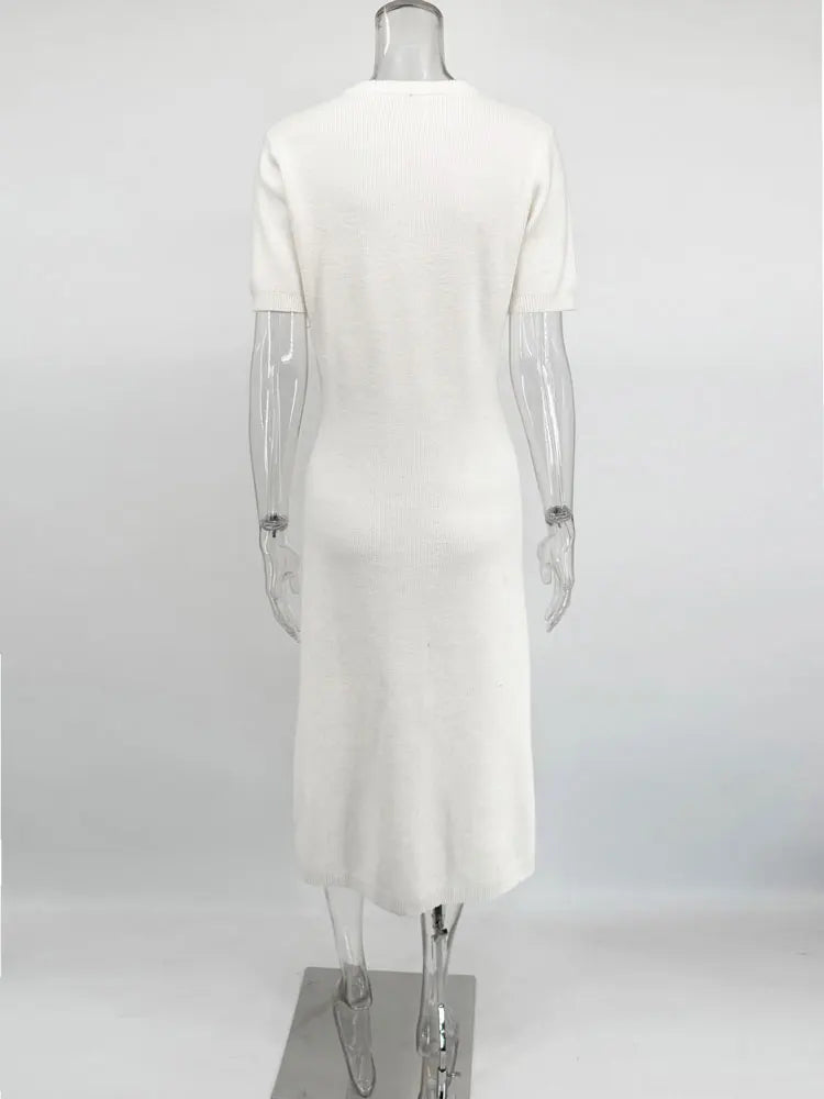 Tossy White Elegant Knitwear Maxi Dress For Women Short Sleeve Ribbed Slim High Waist Cardigan Dress Female Knit Long Dress 2025