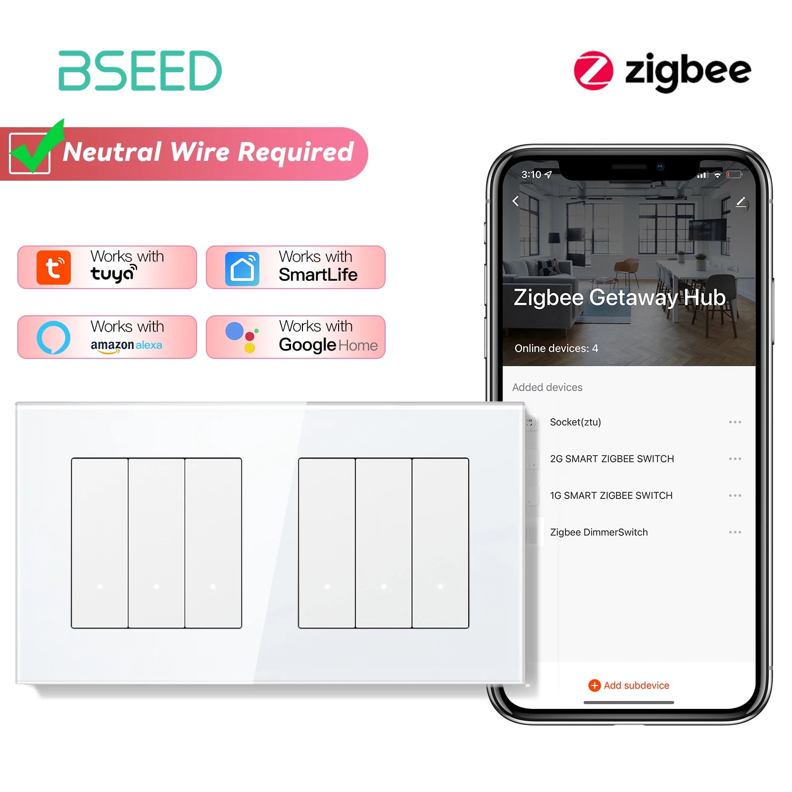 Zigbee Smart Light Switch Glass Panel - App-Controlled Automation Zigbee 3G 3G Sockets No Zigbee Tidesmit