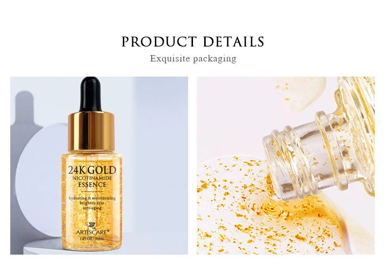 ARTISCARE 24K Gold Nicotinamide Essence: hydrating anti-aging serum in a gold-capped glass dropper bottle for face care.