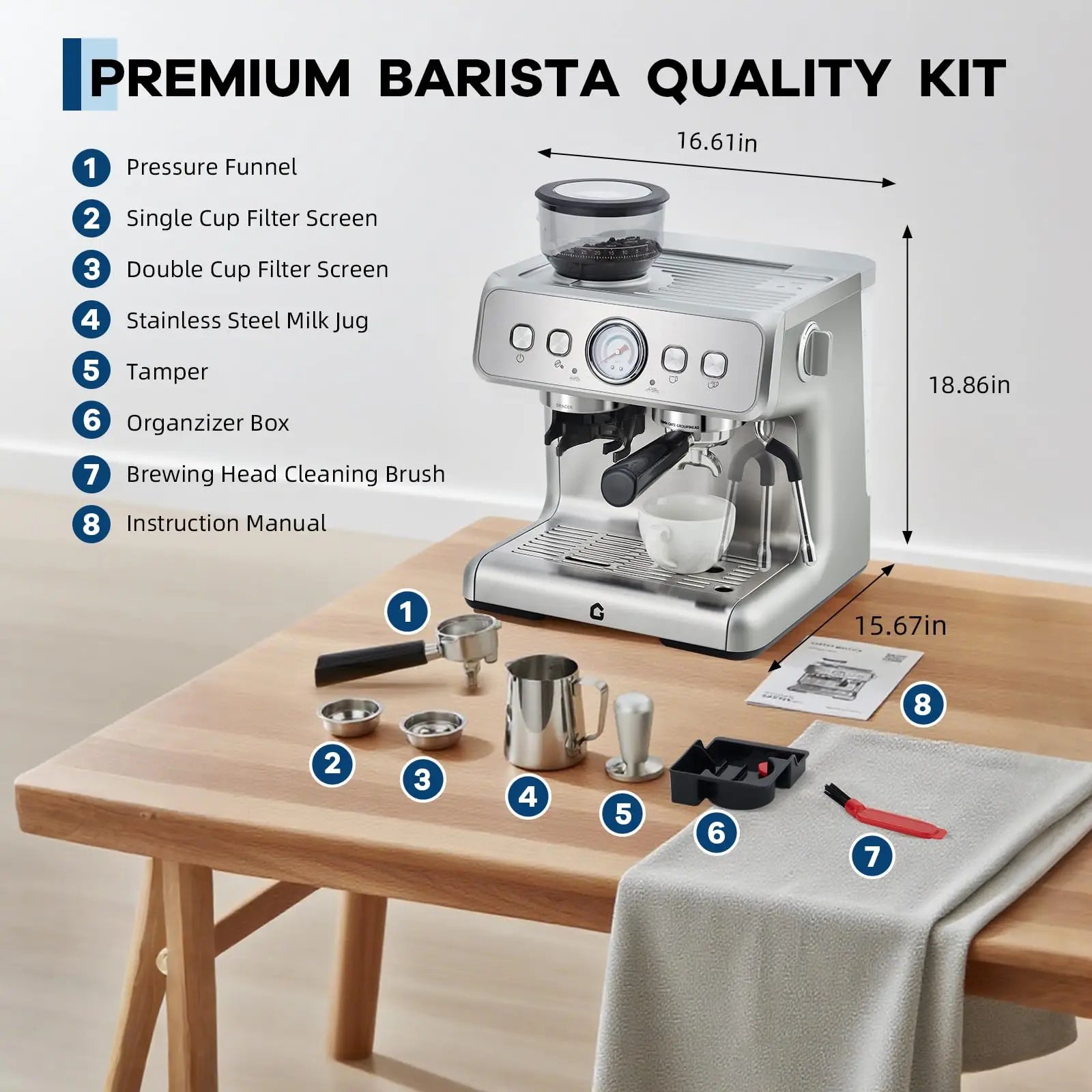 Silver stainless steel espresso machine and barista kit with accessories, dimensions labeled, 16.61in x 18.86in x 15.67in.