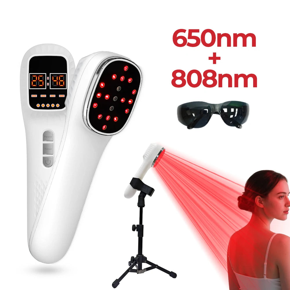 White handheld red light therapy device with a digital display, safety goggles, a tripod stand, and a model using it.