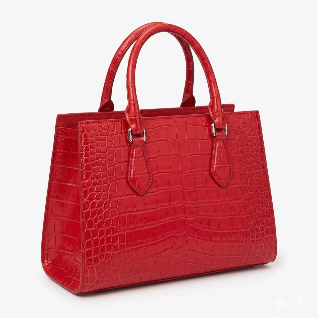 Red alligator embossed genuine leather luxury women's handbag with structured vintage design and dual top handles.