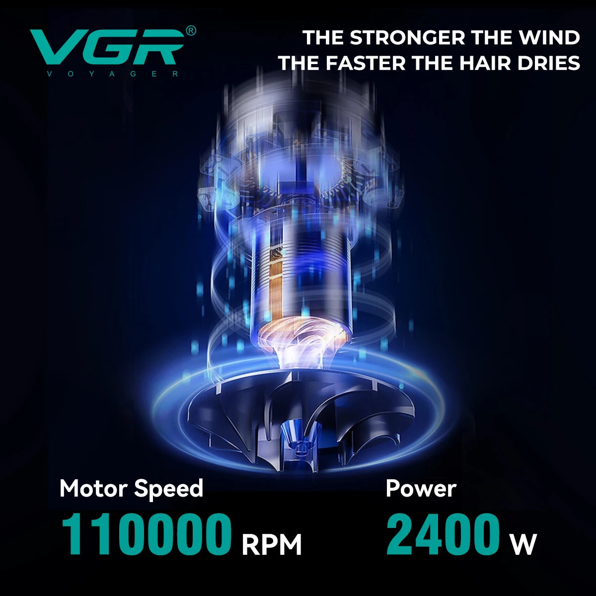 VGR V-469 professional hair dryer with 110,000 RPM BLDC motor and 2400W power for fast, salon-quality drying.