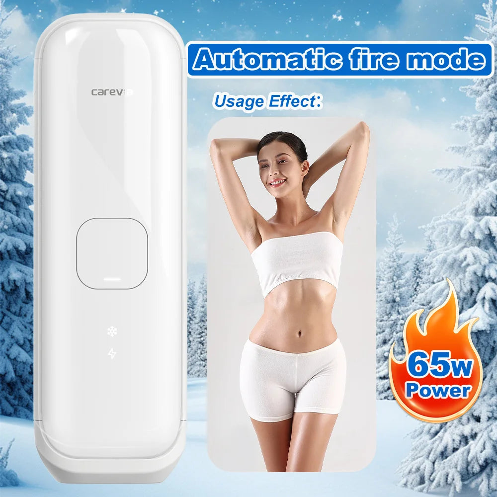 White, elongated, handheld hair removal device with a center power button and 65W power for effective hair removal.