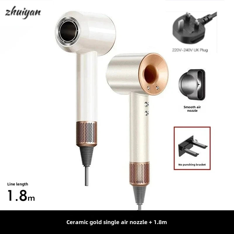 White and gold professional leafless ionic hair dryer with wall-mount bracket, nozzle, and 1.8m cord for salon use.