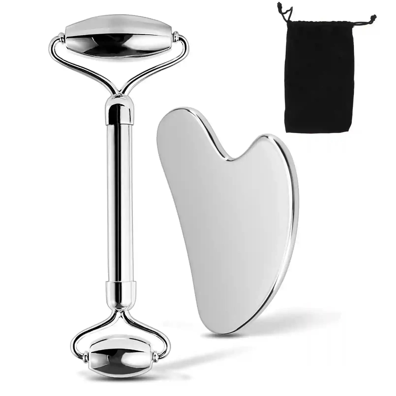 Silver stainless steel dual-head facial roller, heart-shaped Gua Sha tool, and a black drawstring storage pouch.