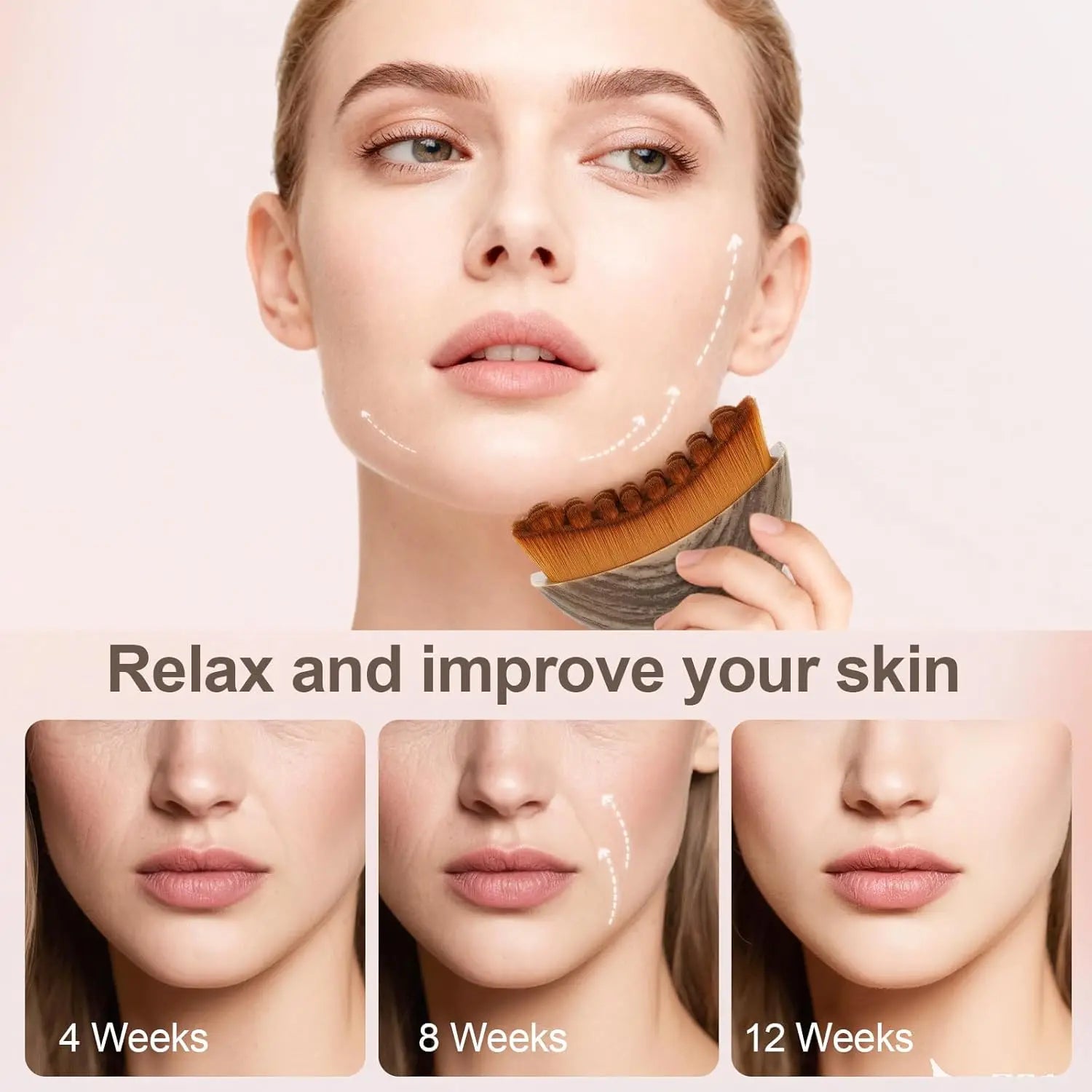 An ergonomic contour facial brush with brown bristles being used on a woman's jawline to improve skin texture.