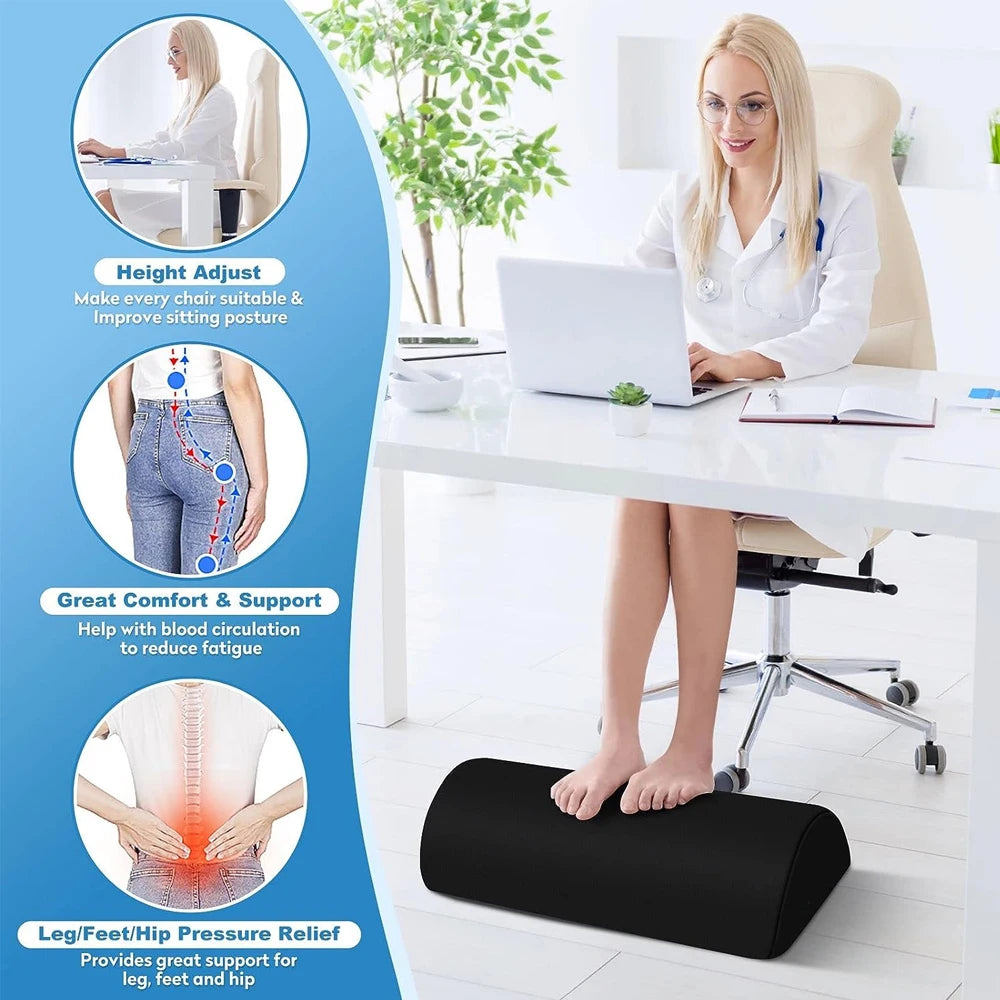 Black memory foam ergonomic foot rest for under desk with washable cover to improve posture and circulation at work.