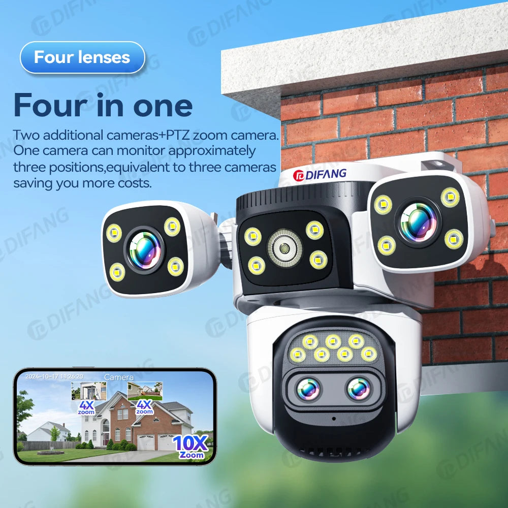 10K Outdoor 10X Optics Zoom WiFi6 Camera 20MP Three screen Four Len PTZ Automatic Tracking 6K Dual Lens Waterproof Security CCTV