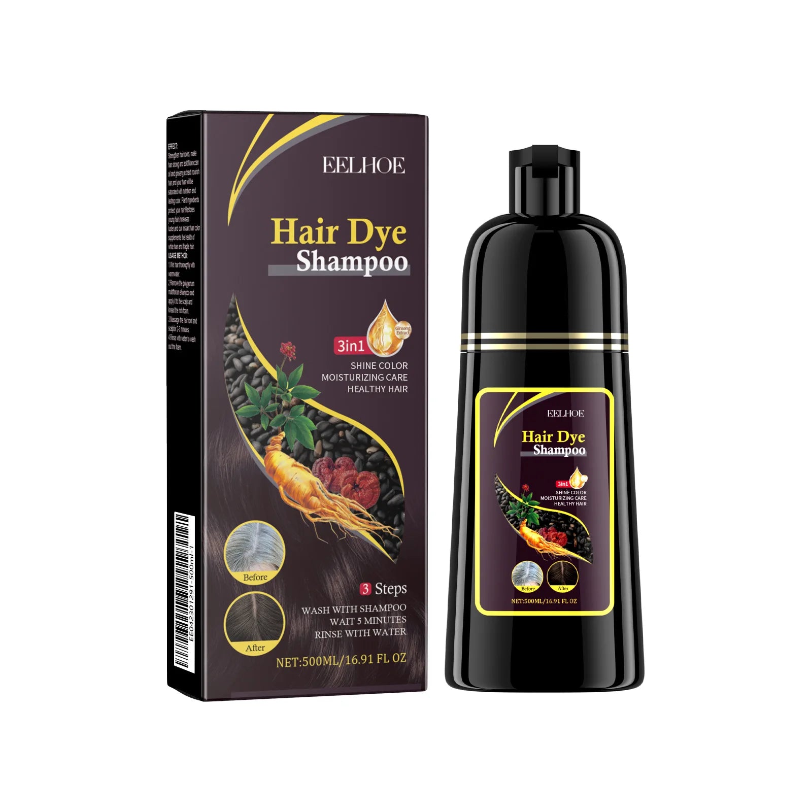 EELHOE White Hair Darkening Shampoo Covers Gray Hair Dye Cleaning Smooth Ginseng 3 in 1 Strengthen Hair Shampoo Color Changing