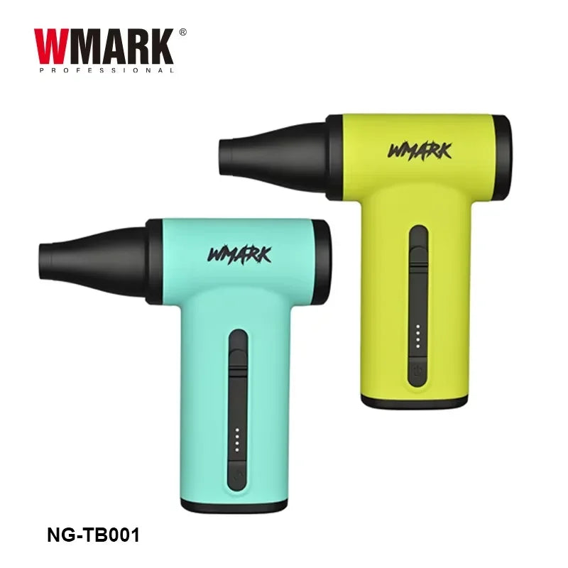 WMARK NG-TB001 cordless brushless motor hair dryer and dust blower in mint and lime green with black nozzles.