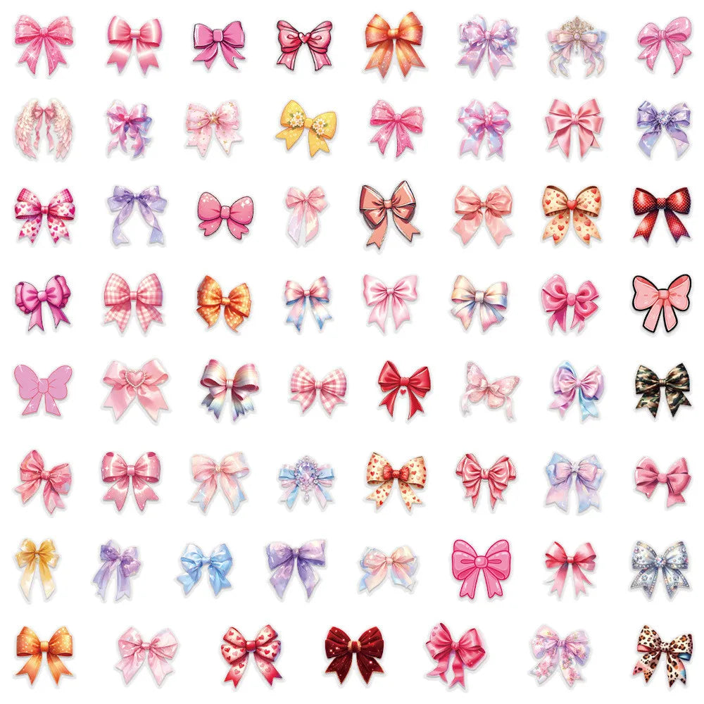 60-piece waterproof PET bow sticker set in colorful designs for scrapbooking, journals, and cute pet craft decorations.