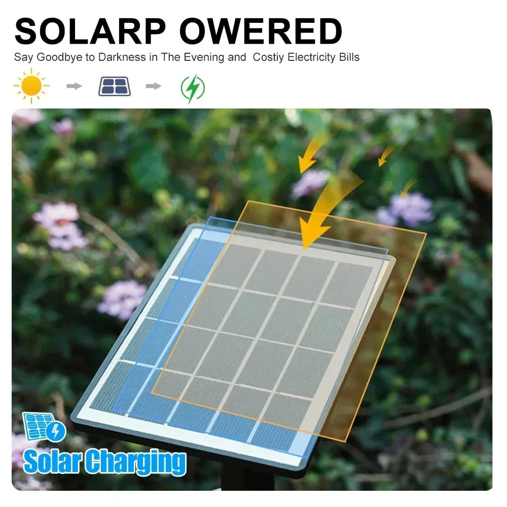 Black rectangular solar panel with grid lines for charging outdoor landscape lights.