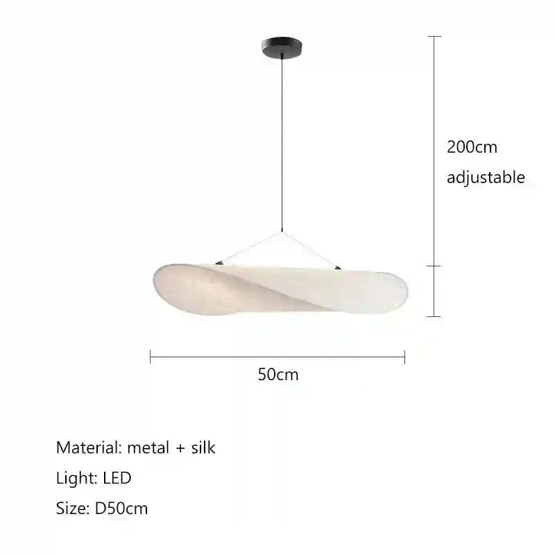 White silk LED pendant light, 50cm wide, with metal canopy and 200cm adjustable cord for ceiling illumination.