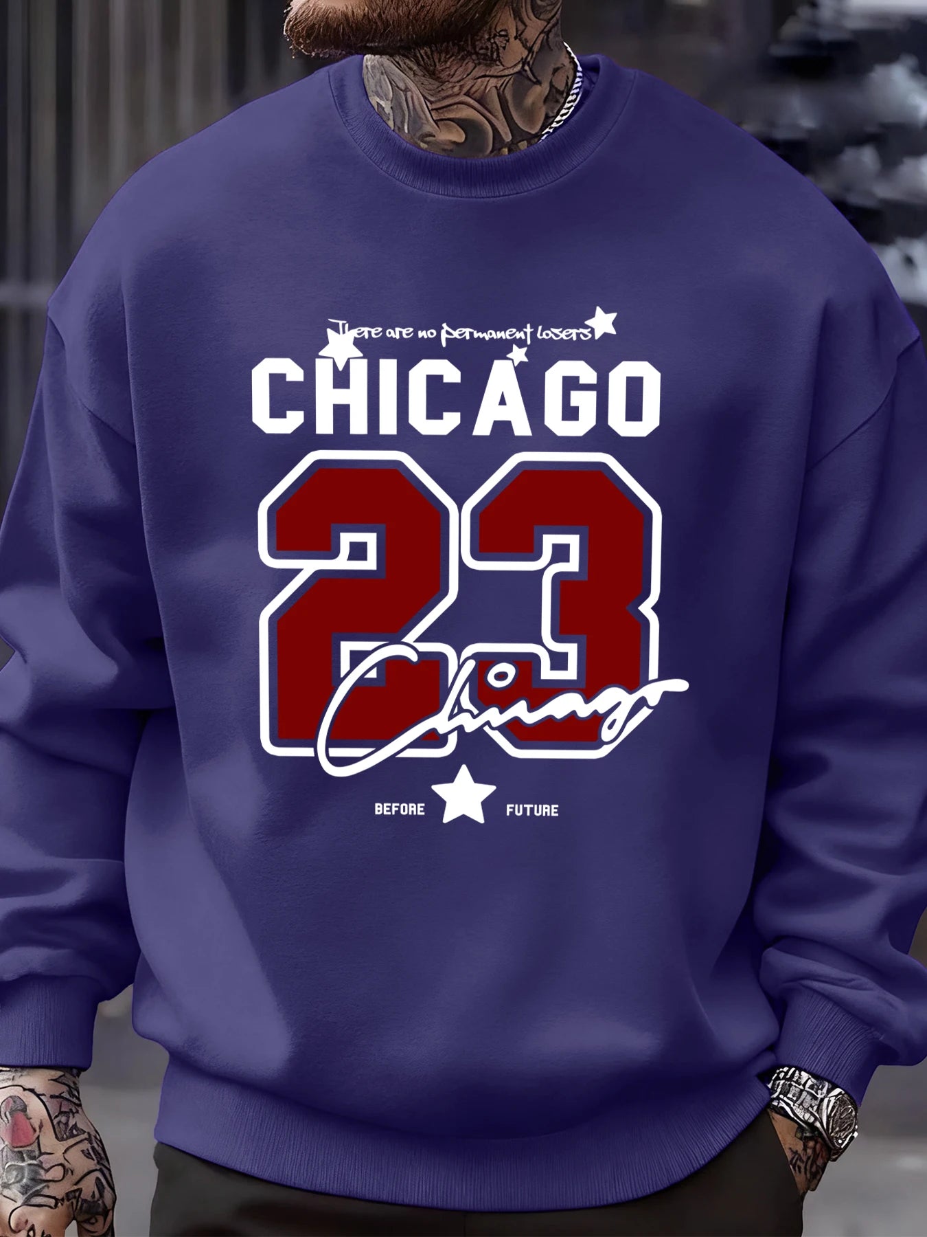 Purple crewneck fleece sweatshirt with graphic text and the number 23 in red and white on the front.