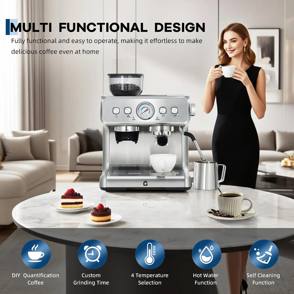 Silver stainless steel home espresso machine with built-in grinder, pressure gauge, and steam wand for milk frothing.