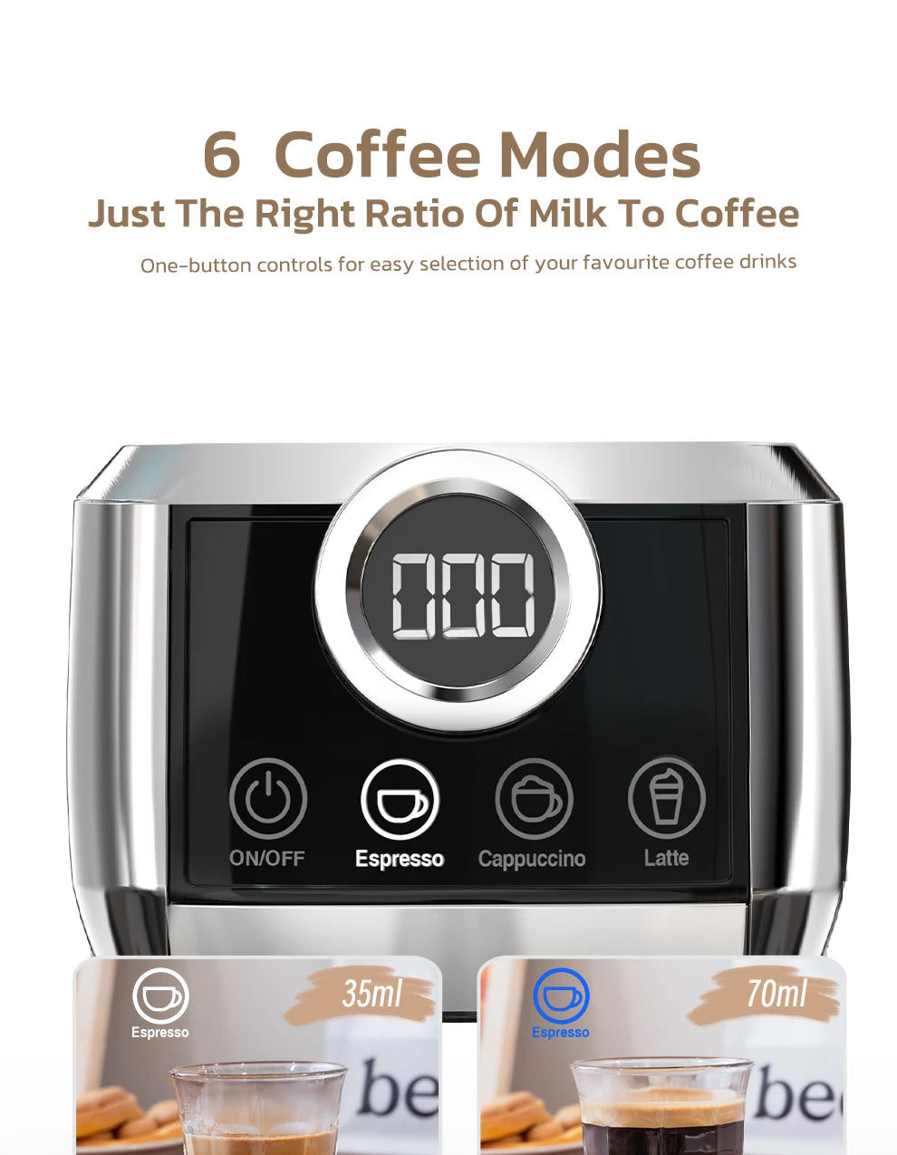 Chrome espresso machine control panel with digital display, one-touch settings for espresso, cappuccino, and latte.