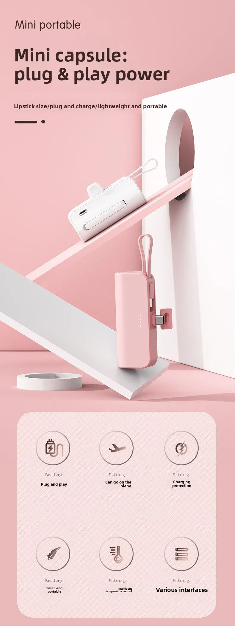Portable Charger 5000mAh with Built-in Cable - Compact Fast Power Bank Tidesmit