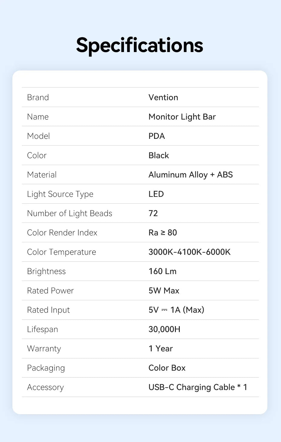 Vention LED Monitor Light Bar PC Laptop Screen Light Bar Hanging Eye Protection Asymmetric Light Source USB 3 Colour Read Lamp