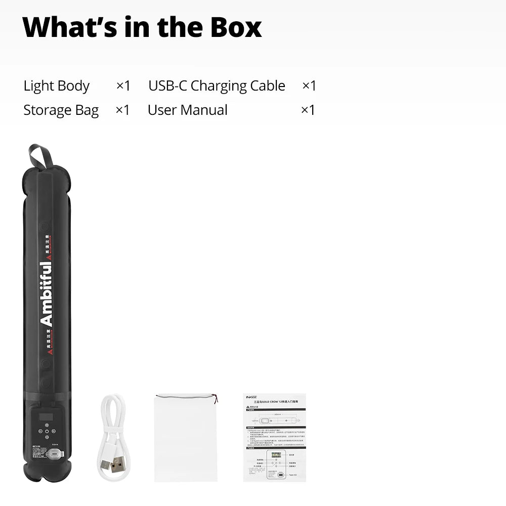A portable black cylindrical LED light bar, USB-C cable, white storage pouch, and printed user manual.