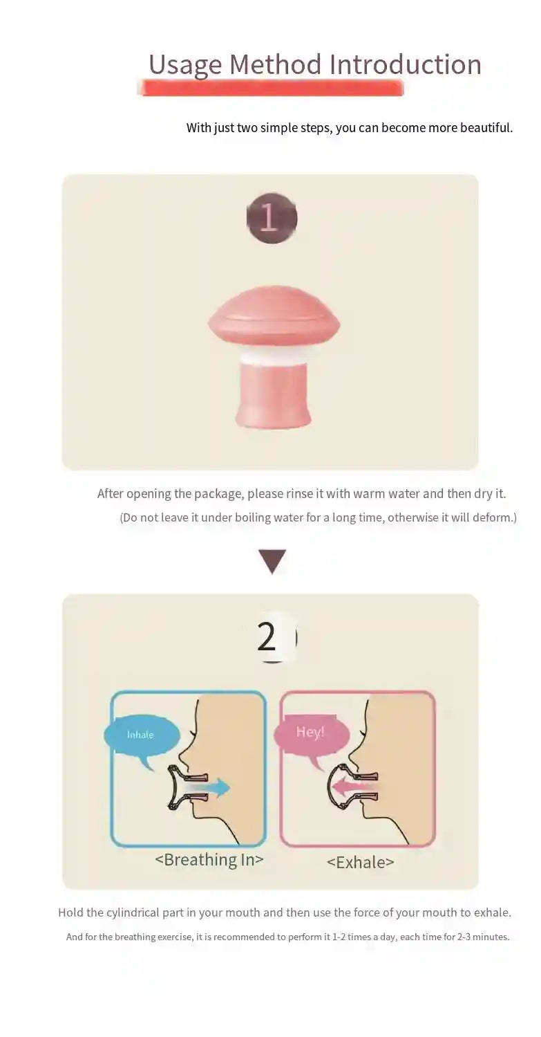 A pink silicone facial slimming exerciser tool with diagrams showing step-by-step breathing instructions.