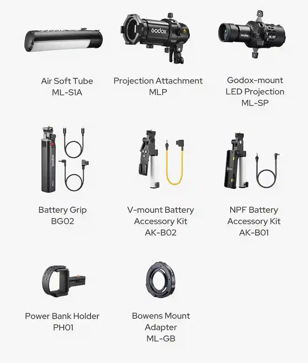 Grid of eight black professional photography lighting accessories including projection attachments, grips, and adapters.