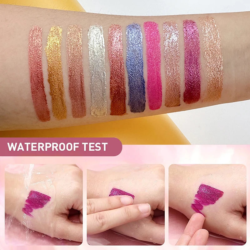 10 colors of waterproof diamond shimmer glitter lip gloss swatched on skin, showing metallic, pearlescent liquid texture.